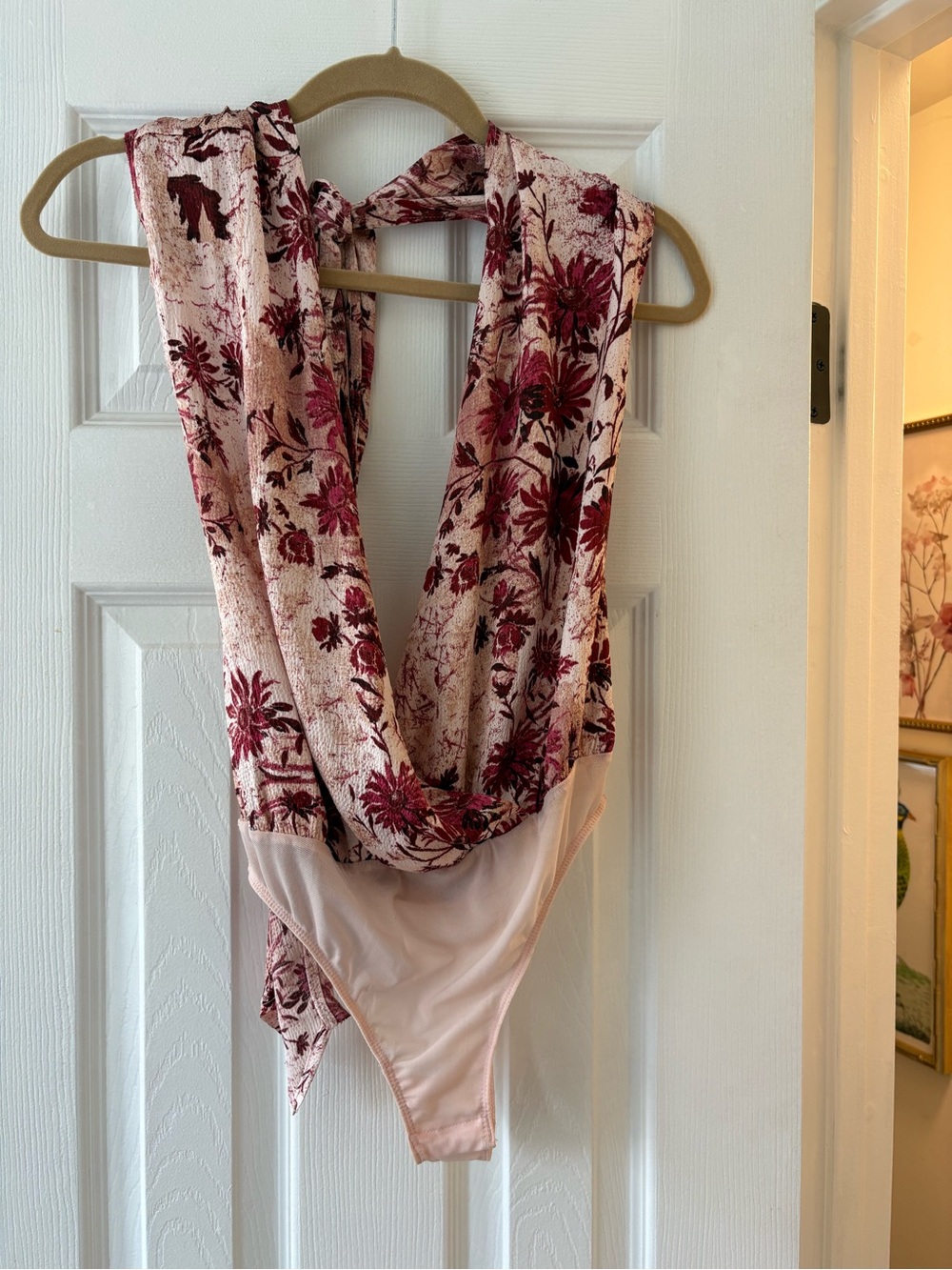 Free People Pink Floral Draped Halter Bodysuit Backless